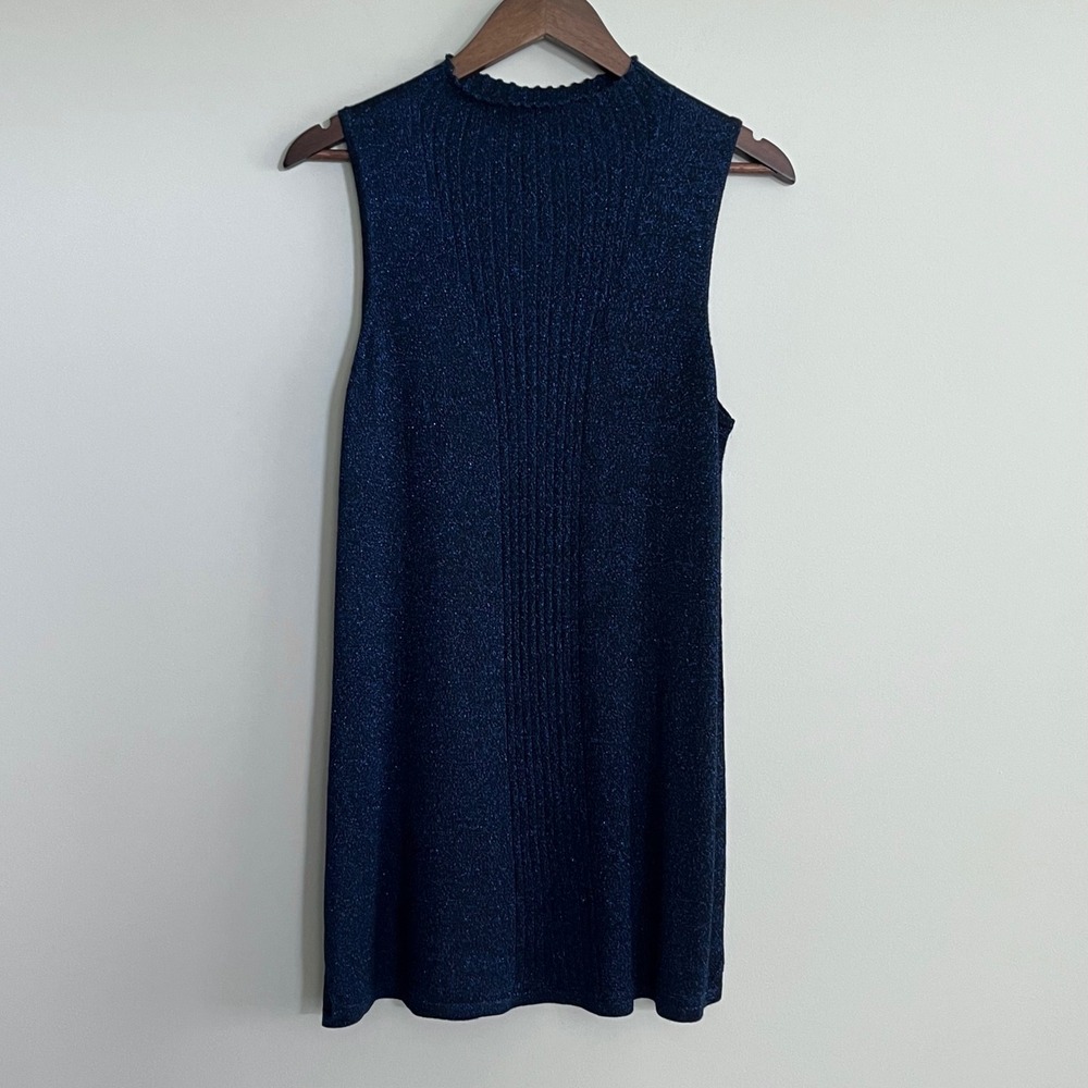 Chicos Black Label Navy Metallic Knit Sleeveless Mock Neck Stretch Dress Size 2